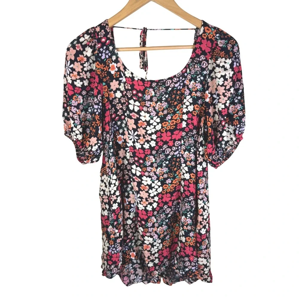 Free People Callie Printed Tunic Black Floral Print Puff Sleeve Tie Back Top Med